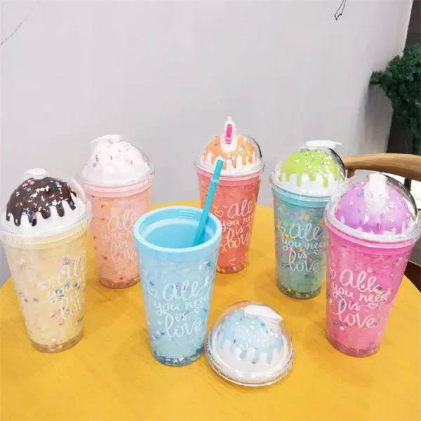 Double Wall Pink Plastic Tumbler With Straw