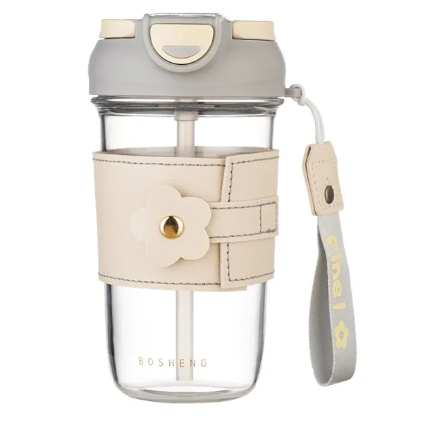 500ml portable rope plastic water bottle coffee milk juice cup with straw outdoor flower leather sleeve drinking cups