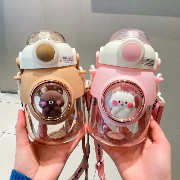 Cute kids water cup large capacity plastic water bottle with straw