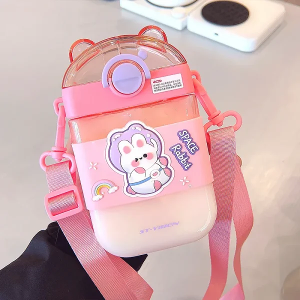 Kids 470ml Silicone Sleeve Outdoors Plastic Square Water Bottle Cartoon Children With Straw