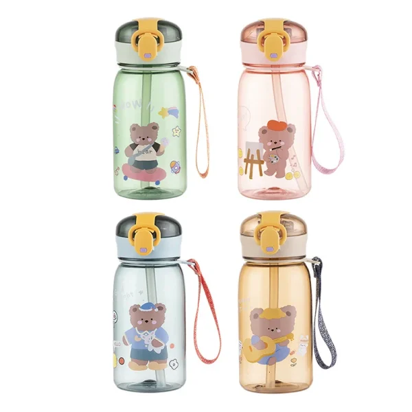 New 400ml kids plastic water bottle cute bear plastic water bottle with straw drinking water plastic bottle