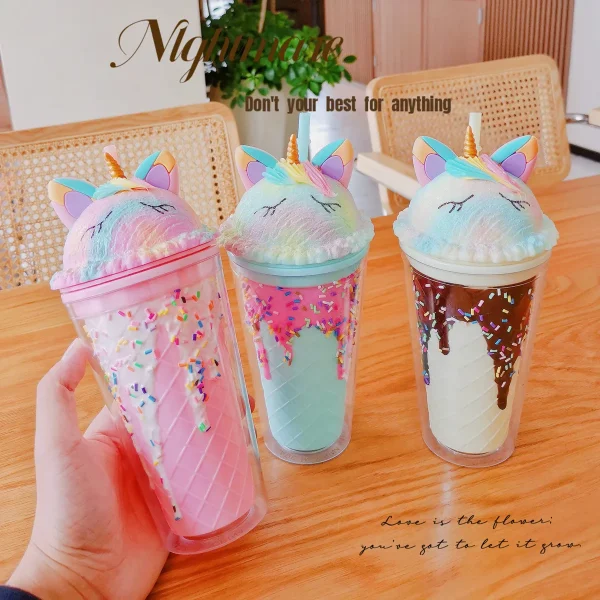 Colored ice cream double wall plastic tumbler mug milk tea coffee juice cups with lids and straws