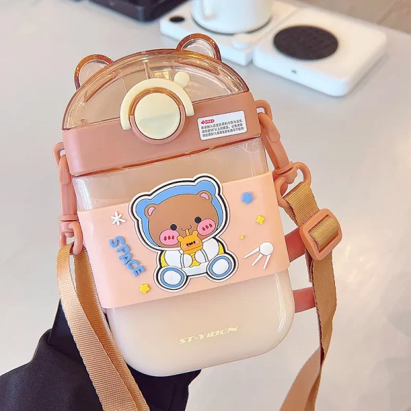 Kids 470ml Silicone Sleeve Outdoors Plastic Square Water Bottle Cartoon Children With Straw