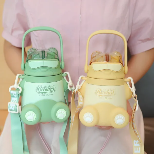 Double drink straw stainless steel thermos cup portable drink water bottle