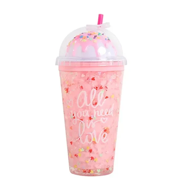 Double Wall Pink Plastic Tumbler With Straw
