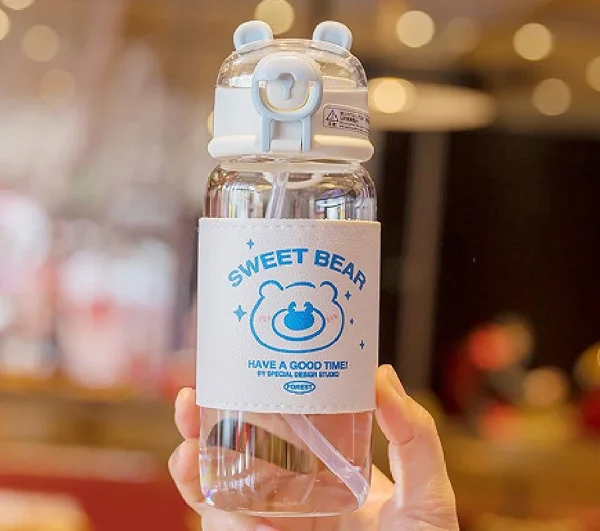 Cute 400ml bear glass student water bottle with straw simple cartoon bears leather cover tumbler glass cup