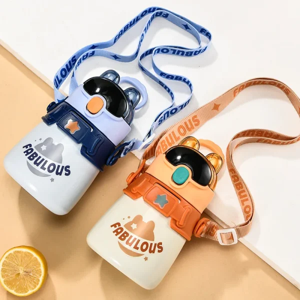 New rabbit 600ml Children's thermos water bottle mug Food grade stainless steel straw cup baby strap