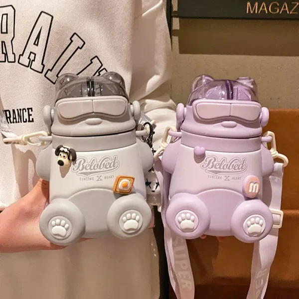 Double drink straw stainless steel thermos cup portable drink water bottle