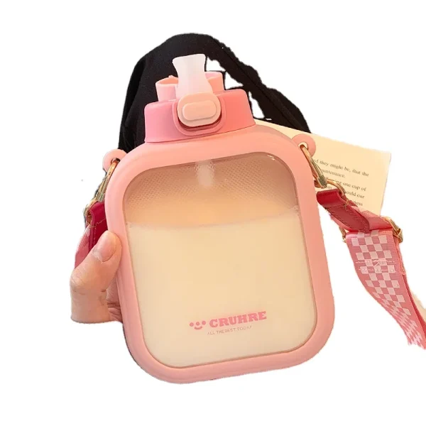 Flat Water Bottle Outdoor Travel Plastic Sugar Cube Cup Lovely Portable Water Drinking Bottle With Straw