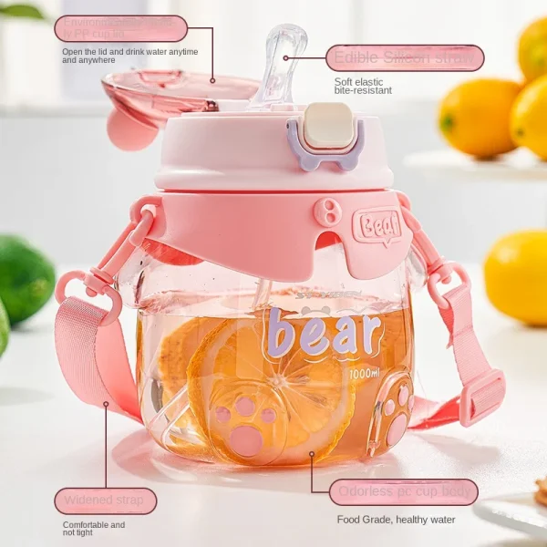 Cute cartoon bear strap straw plastic water bottle
