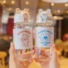 Cute 400ml bear glass student water bottle with straw simple cartoon bears leather cover tumbler glass cup
