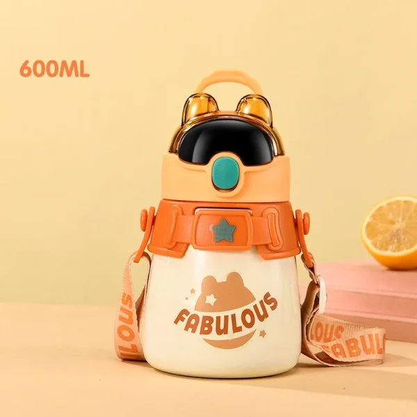 New rabbit 600ml Children's thermos water bottle mug Food grade stainless steel straw cup baby strap
