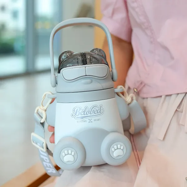 Double drink straw stainless steel thermos cup portable drink water bottle