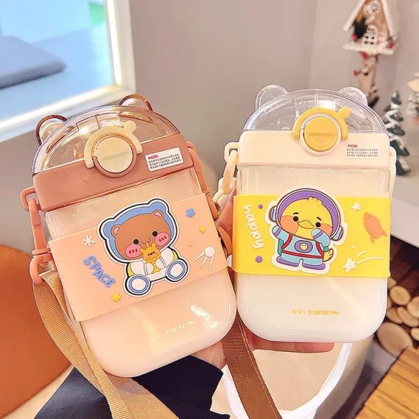 Kids 470ml Silicone Sleeve Outdoors Plastic Square Water Bottle Cartoon Children With Straw