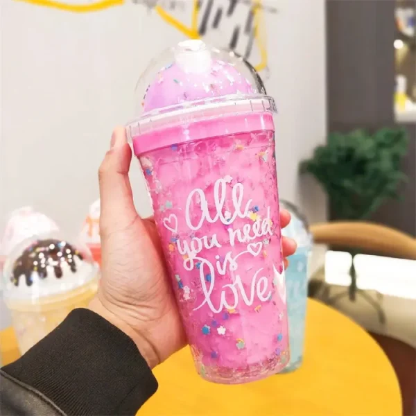 Double Wall Pink Plastic Tumbler With Straw