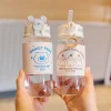 Cute 400ml bear glass student water bottle with straw simple cartoon bears leather cover tumbler glass cup