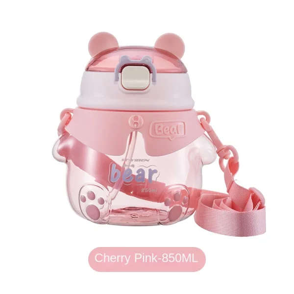 Cute cartoon bear strap straw plastic water bottle