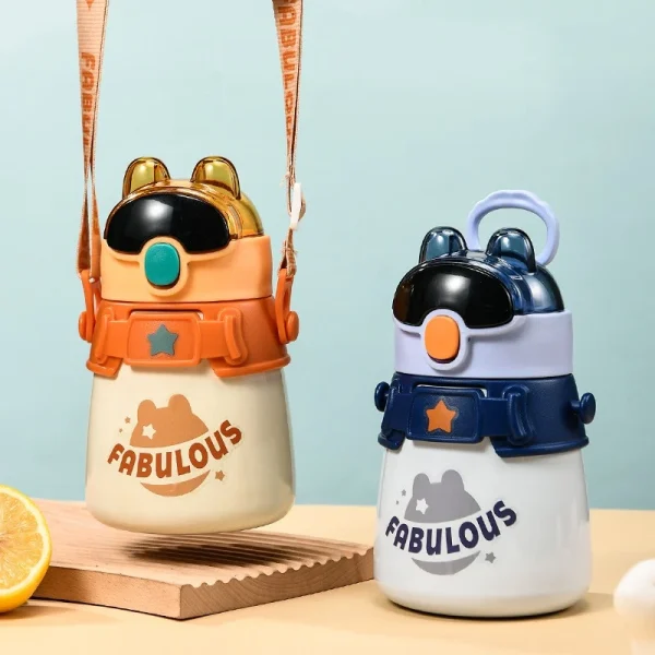 New rabbit 600ml Children's thermos water bottle mug Food grade stainless steel straw cup baby strap