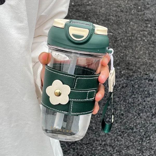 500ml portable rope plastic water bottle coffee milk juice cup with straw outdoor flower leather sleeve drinking cups