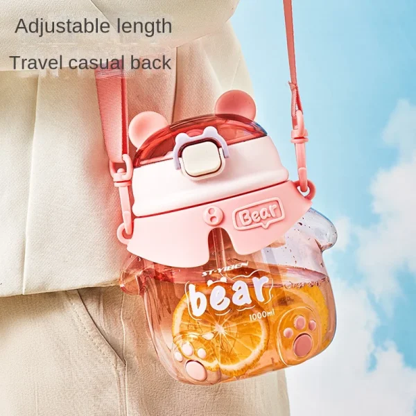 Cute cartoon bear strap straw plastic water bottle