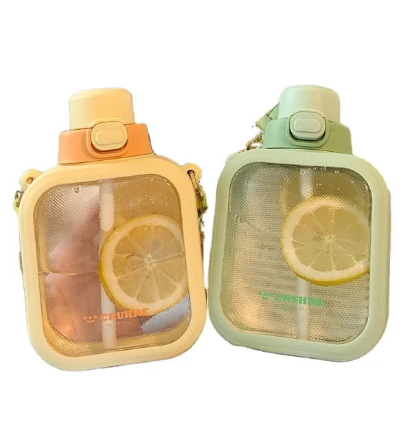 Flat Water Bottle Outdoor Travel Plastic Sugar Cube Cup Lovely Portable Water Drinking Bottle With Straw
