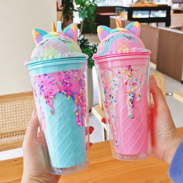 Colored ice cream double wall plastic tumbler mug milk tea coffee juice cups with lids and straws