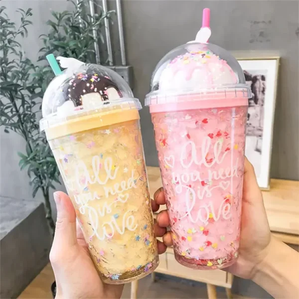 Double Wall Pink Plastic Tumbler With Straw