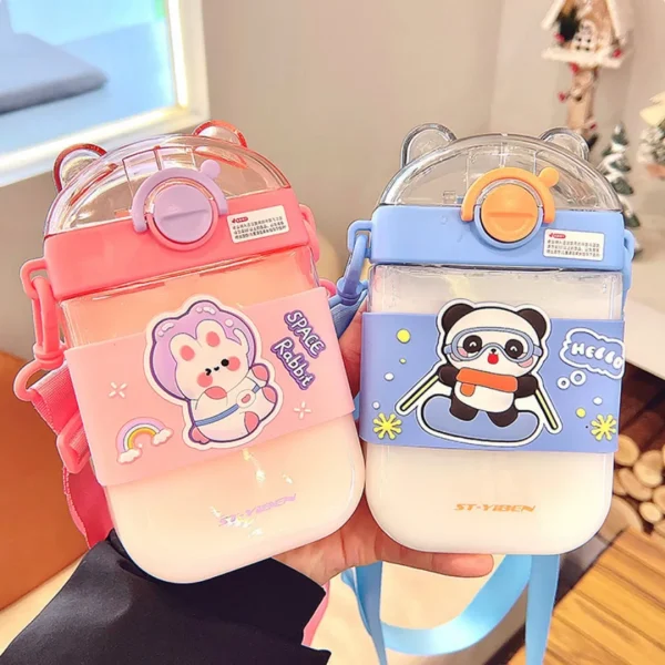 Kids 470ml Silicone Sleeve Outdoors Plastic Square Water Bottle Cartoon Children With Straw