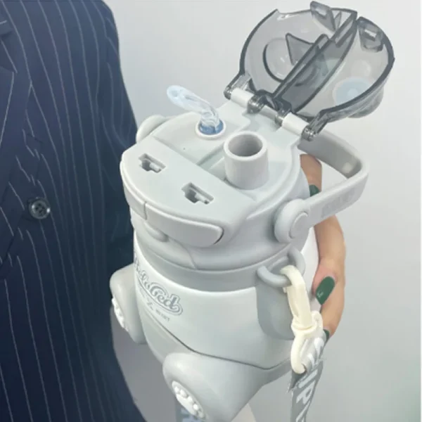 Double drink straw stainless steel thermos cup portable drink water bottle