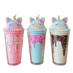 Colored ice cream double wall plastic tumbler mug milk tea coffee juice cups with lids and straws