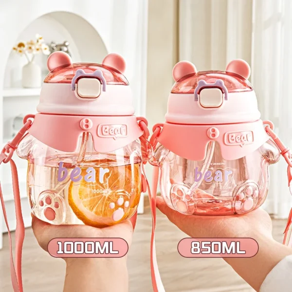Cute cartoon bear strap straw plastic water bottle