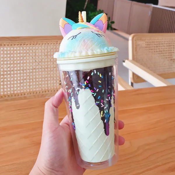 Colored ice cream double wall plastic tumbler mug milk tea coffee juice cups with lids and straws