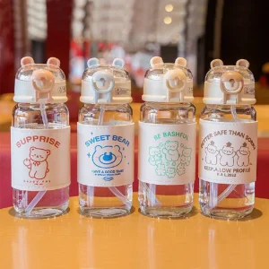 Cute 400ml bear glass student water bottle with straw simple cartoon bears leather cover tumbler glass cup